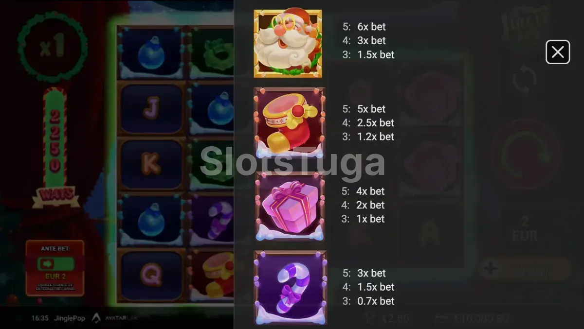 Tabela de pagamentos da JinglePop mostrando os símbolos e valores
