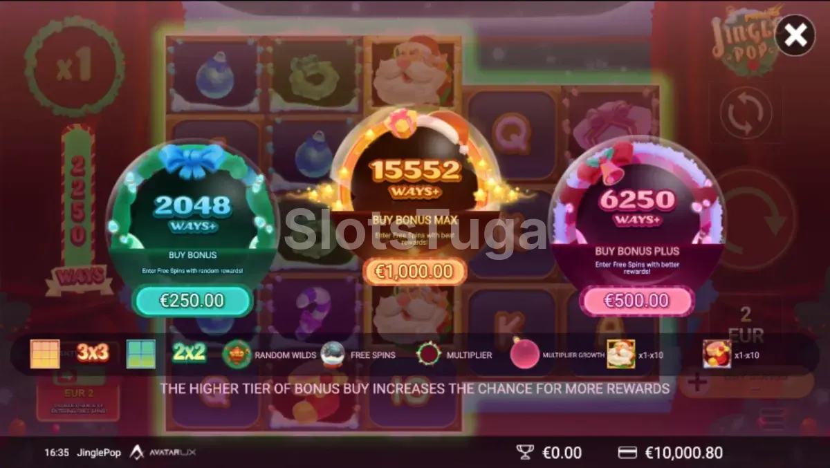 Tela de compra de bônus da JinglePop com opções de bonus buy