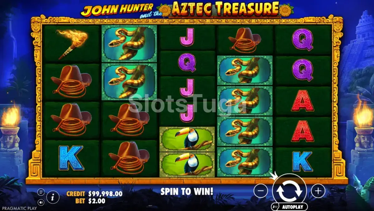 Tela principal da slot John Hunter and the Aztec Treasure com os símbolos astecas em destaque