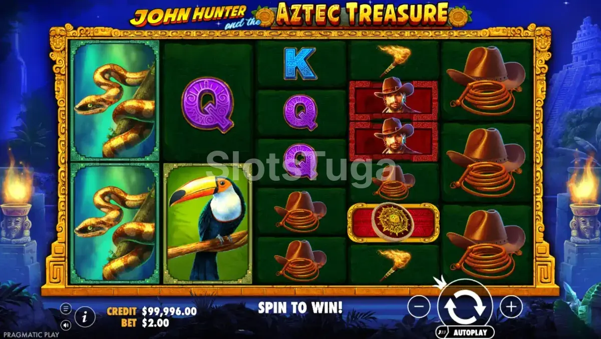 Segunda tela de jogo da slot John Hunter and the Aztec Treasure mostrando combinação vencedora