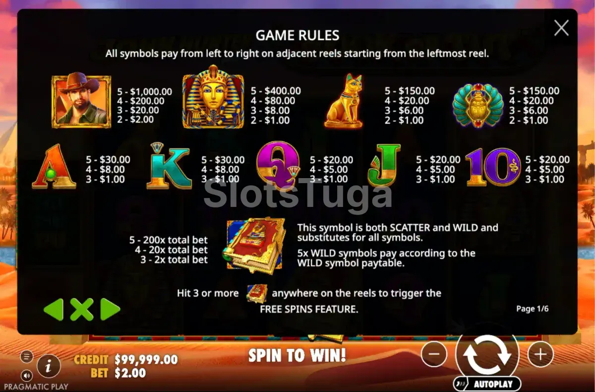 Tabela de pagamentos da slot John Hunter and the Book of Tut mostrando os símbolos e multiplicadores
