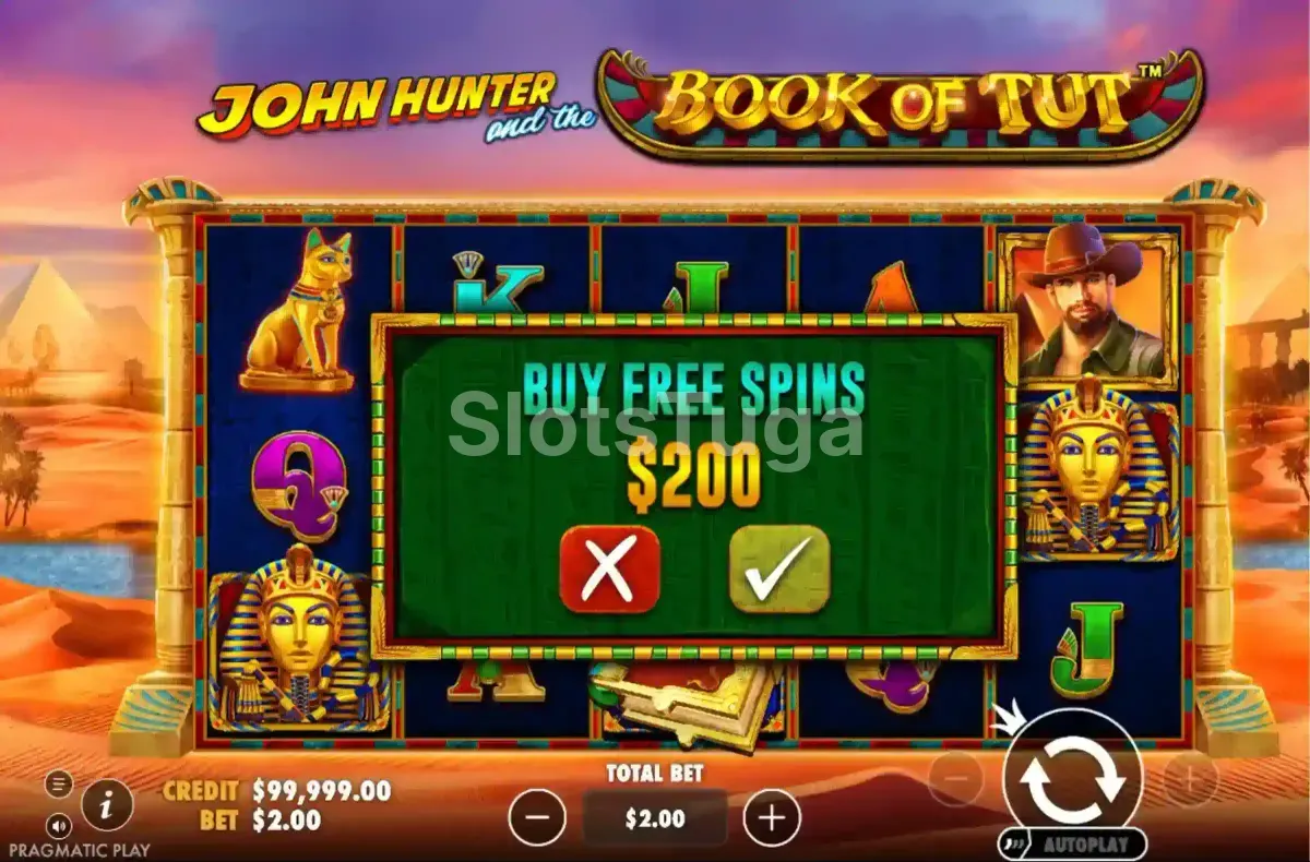Função de compra de bônus do John Hunter and the Book of Tut com opções disponíveis
