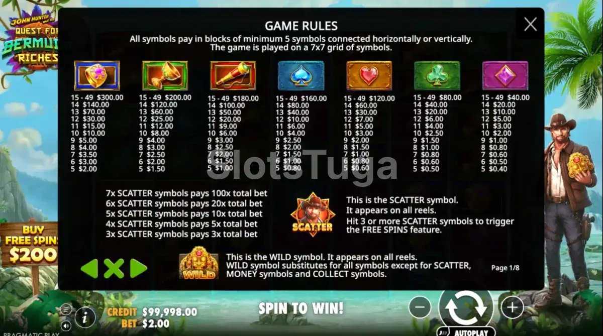 Tabela de pagamentos do John Hunter and the Quest for Bermuda Riches mostrando os símbolos