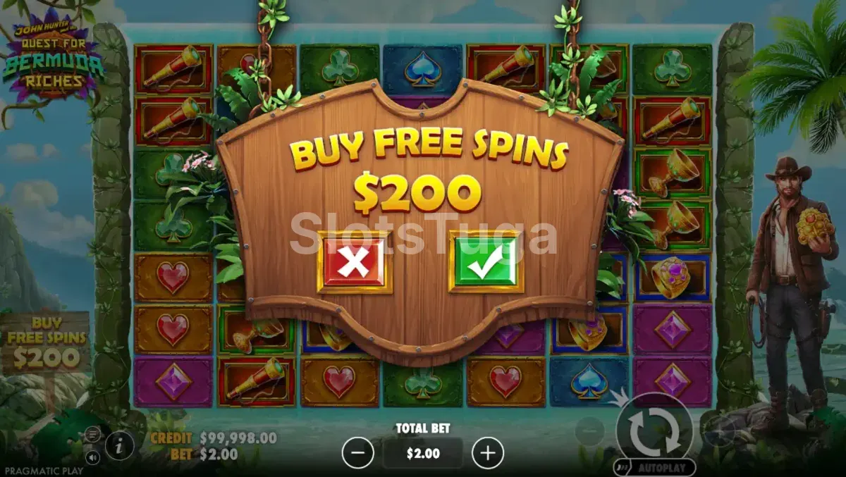 Tela de compra de bônus do John Hunter and the Quest for Bermuda Riches com opção de Bonus Buy