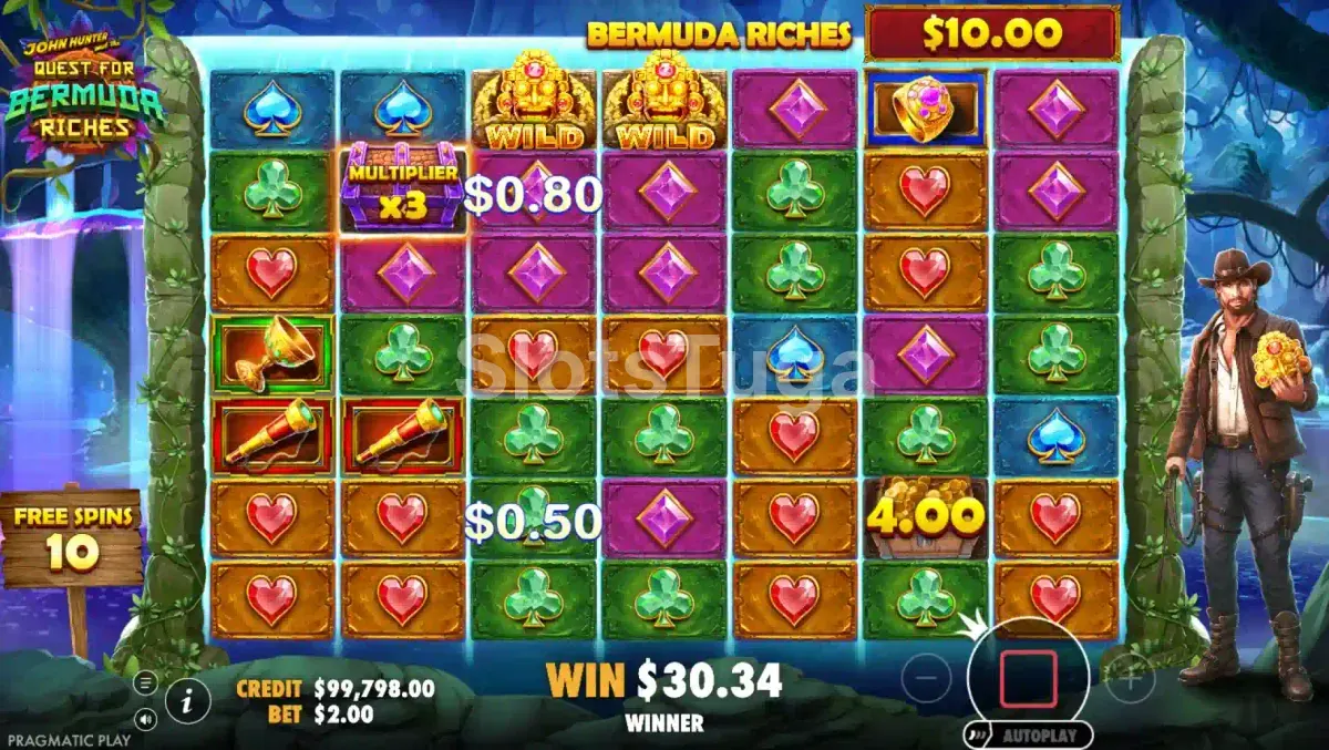 Rodada de giros grátis do John Hunter and the Quest for Bermuda Riches com pote bônus acumulando