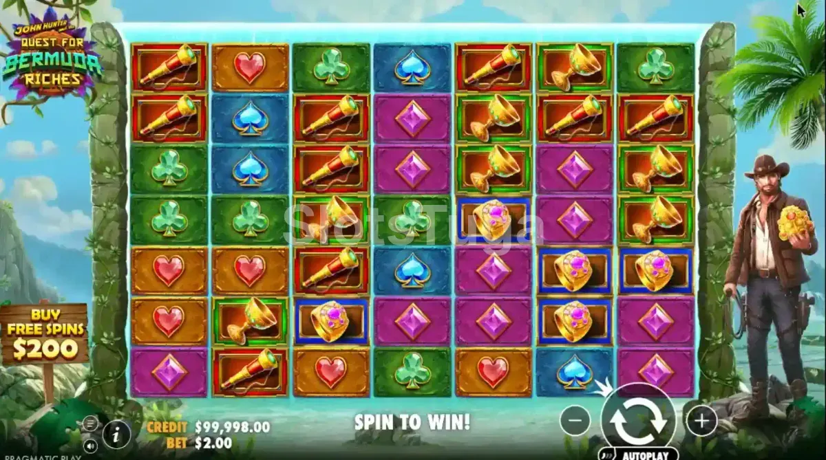 Tela principal do jogo John Hunter and the Quest for Bermuda Riches com o grid 7x7