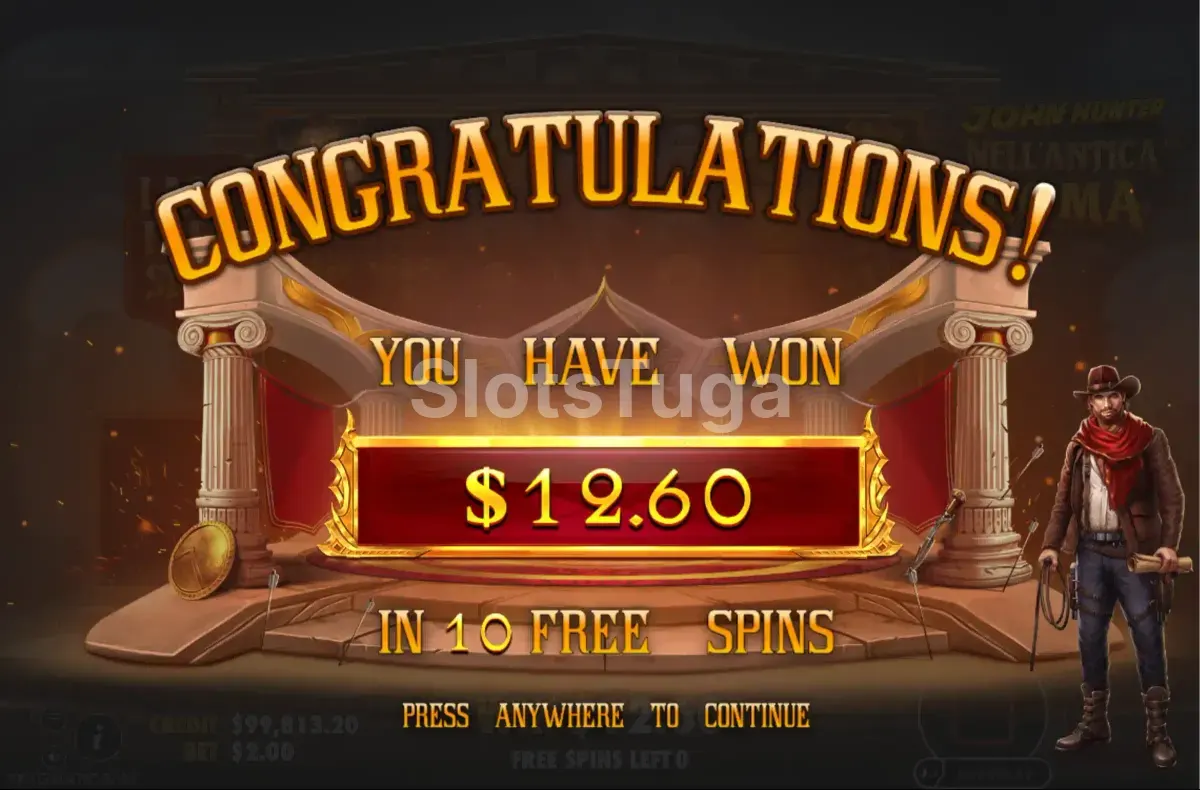Grande vitória na slot John Hunter nell'antica Roma com multiplicador alto