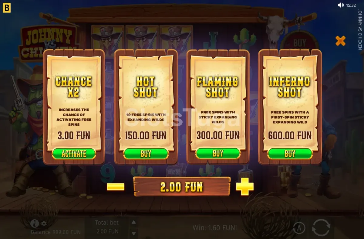 Menu de compra de bónus de Johnny vs Chicken com as três opções