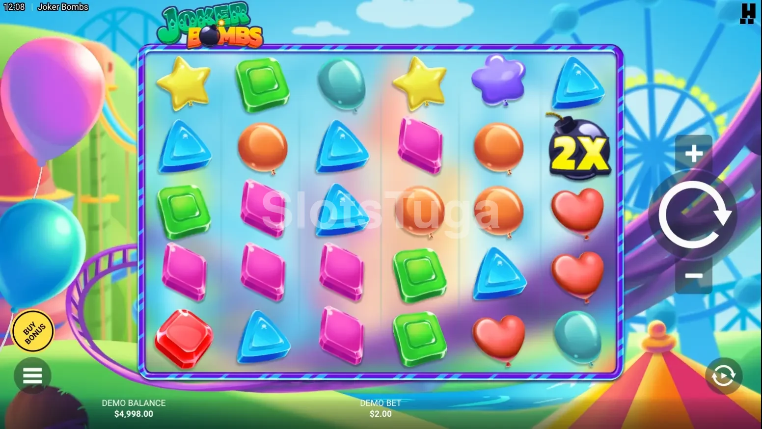 Tela principal da slot Joker Bombs com grade 6x5 e fundo de parque de diversões