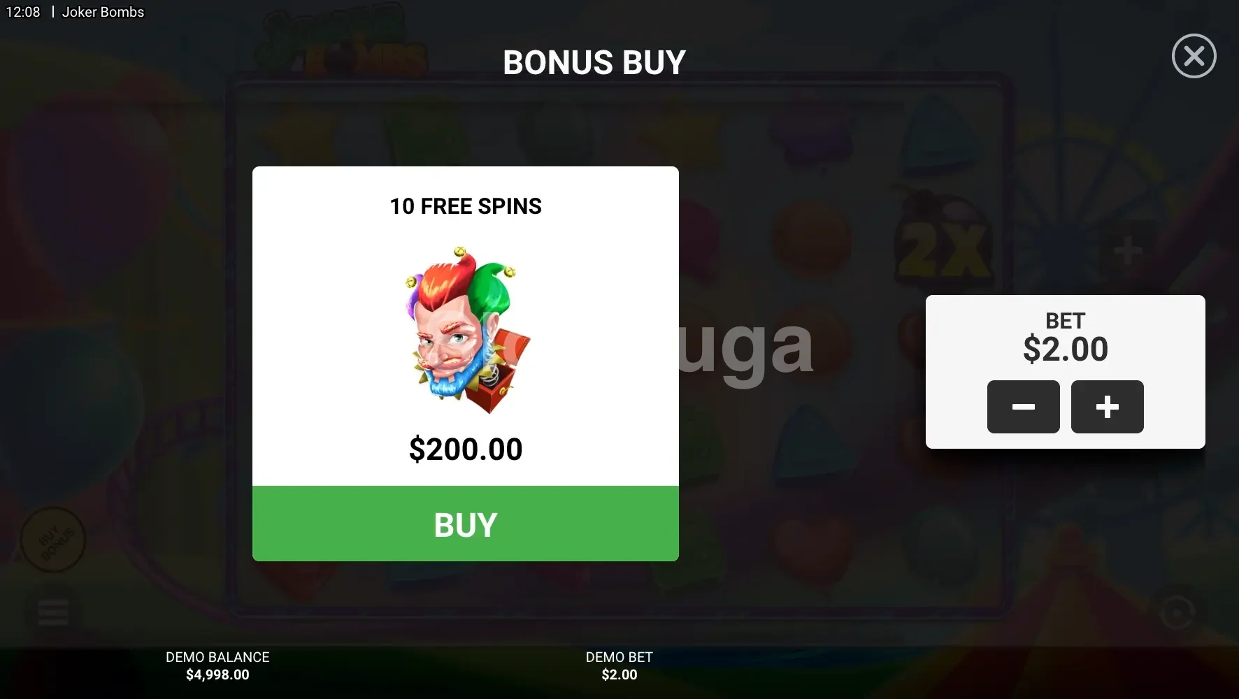 Tela de compra de bônus na slot Joker Bombs com opções de aposta