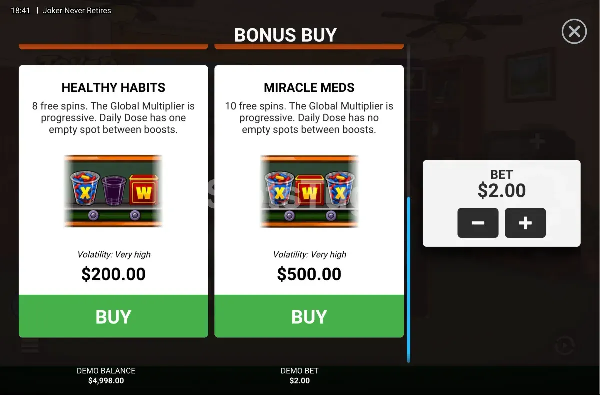Menu de Bonus Buy de Joker Never Retires