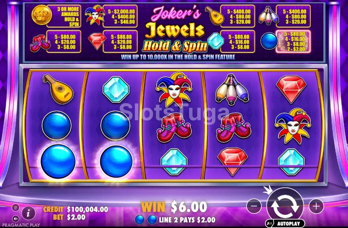 Tela principal do jogo Joker's Jewels Hold & Spin com os símbolos clássicos