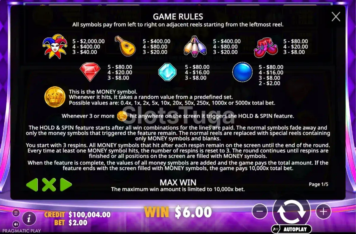 Tabela de pagamentos da Joker's Jewels Hold & Spin mostrando os símbolos e prêmios