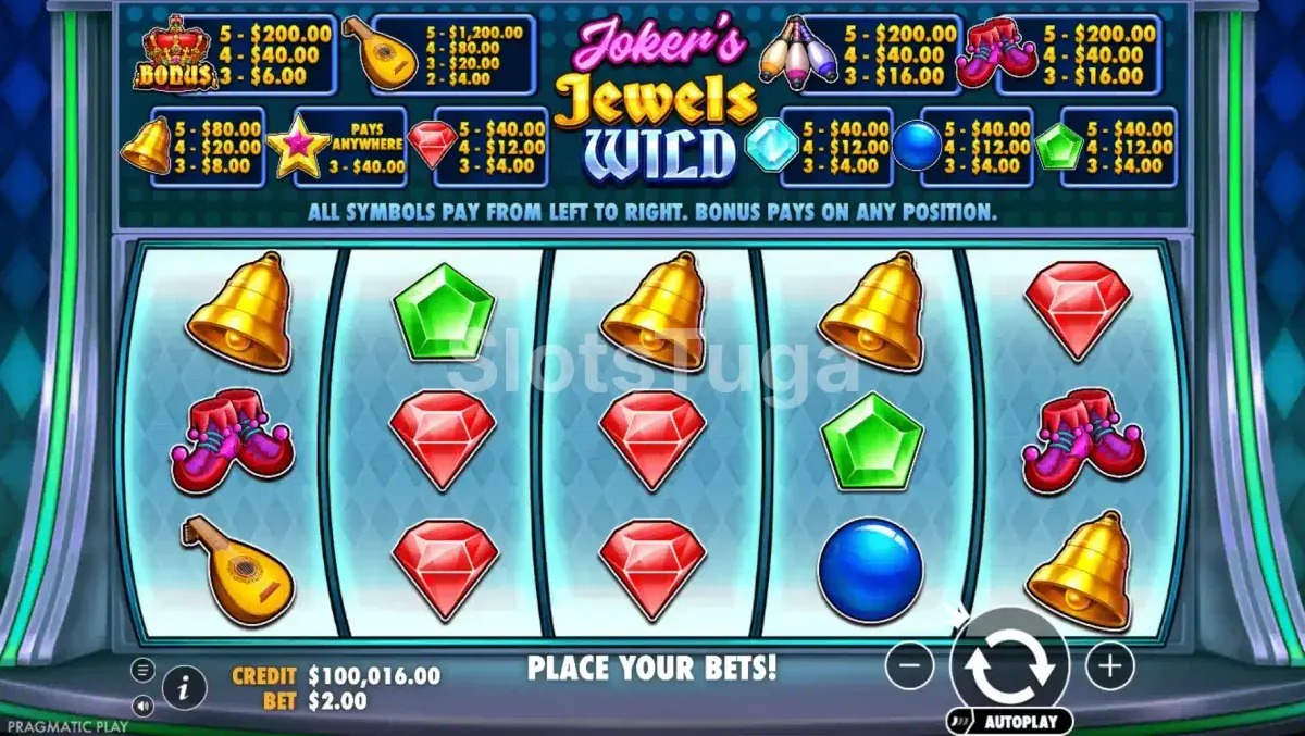Tela principal da slot Joker's Jewels Wild com seus rolos clássicos