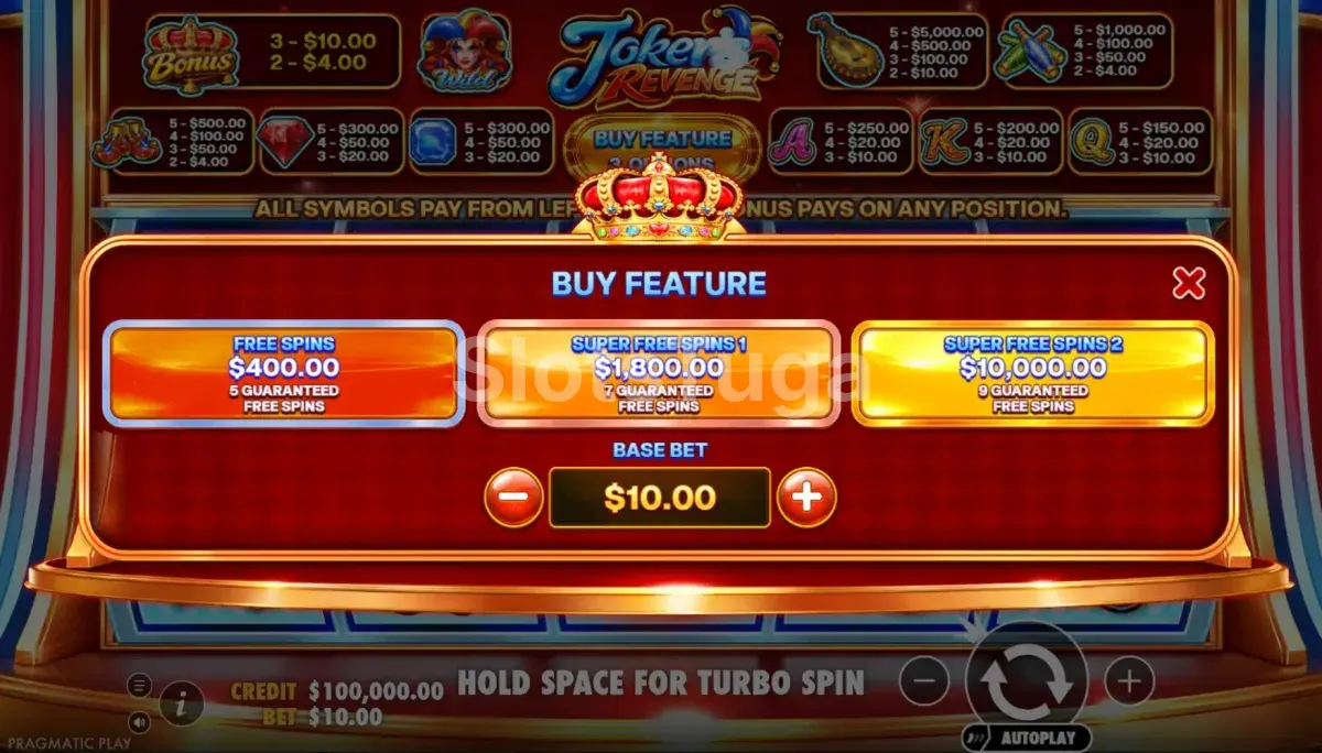 Tela de compra de bônus da slot Joker's Revenge