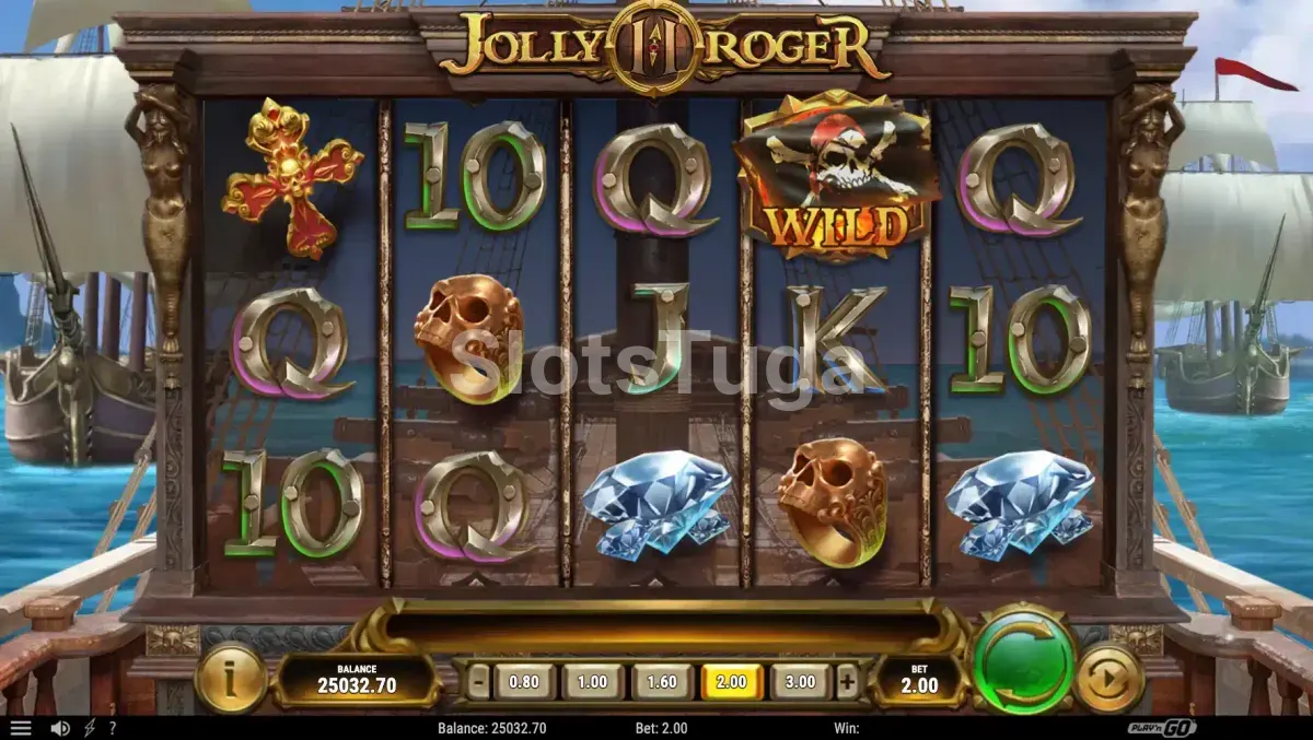 Tela principal do jogo Jolly Roger 2 com símbolos piratas