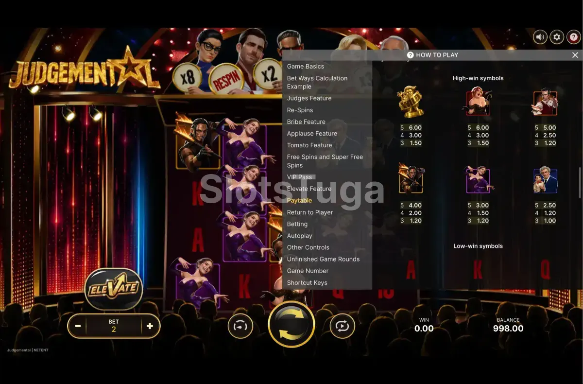 Tabela de pagamentos da slot Judgemental com símbolos dos concorrentes