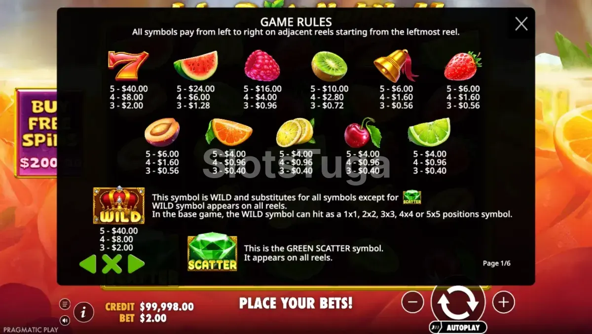 Tabela de pagamentos completa da slot Juicy Fruits Multihold