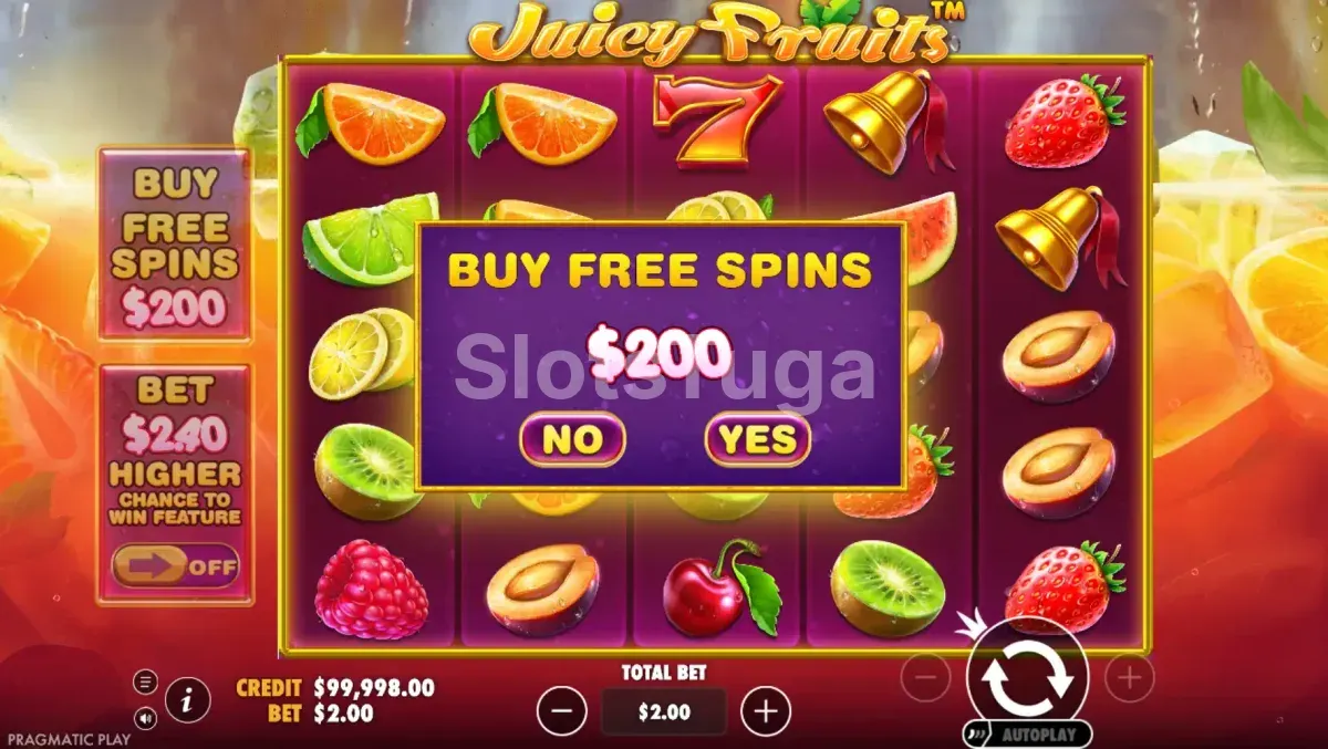 Tela de compra de bônus da slot Juicy Fruits com opção Feature Buy