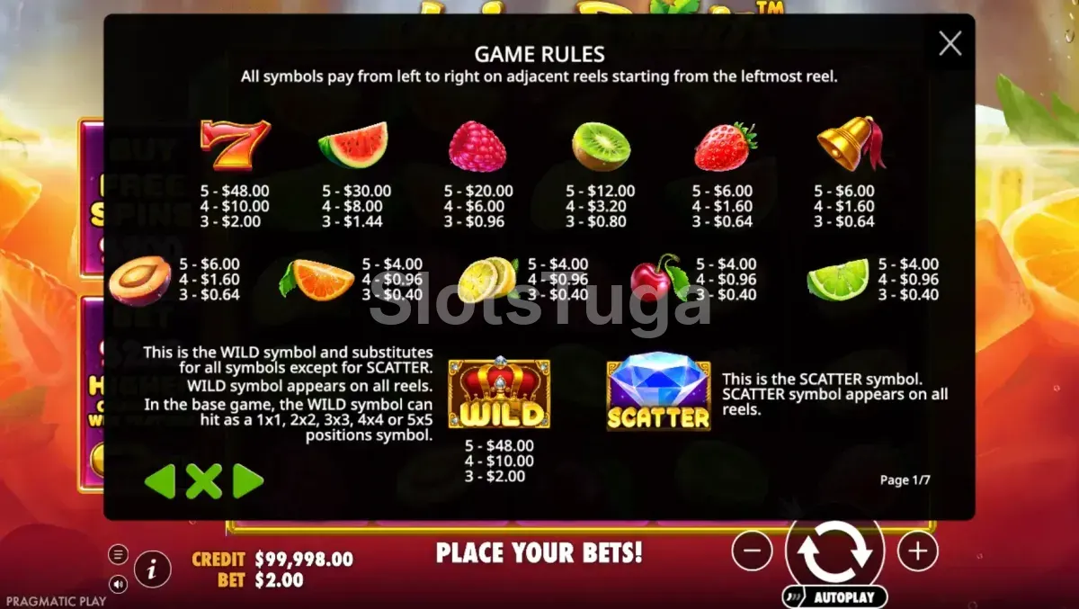 Tabela de pagamentos da slot Juicy Fruits com todos os símbolos e valores