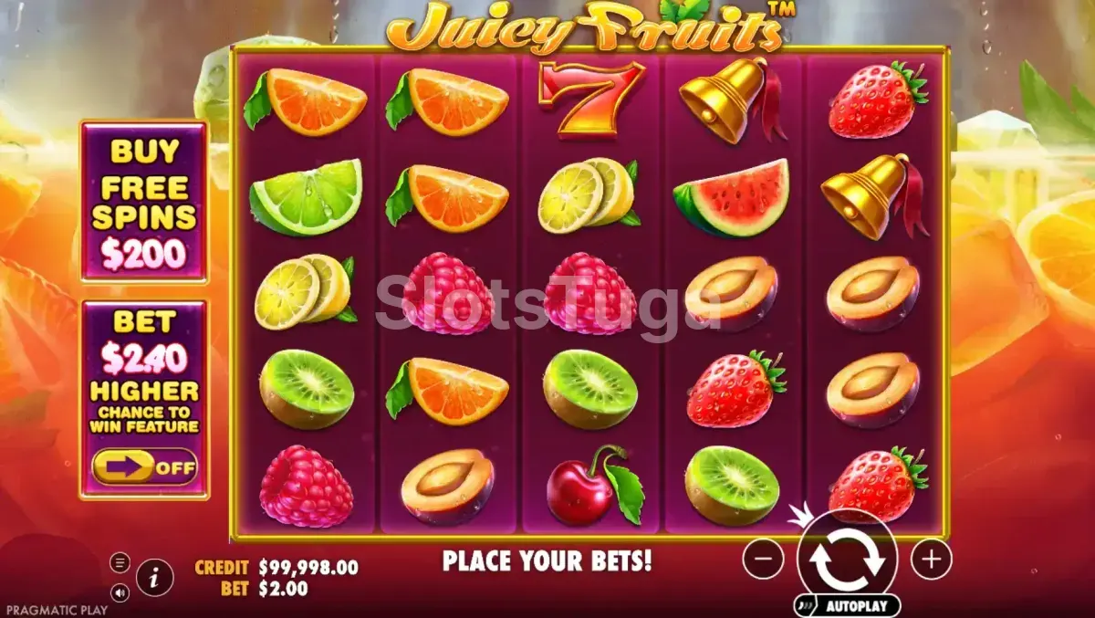 Tela principal do jogo Juicy Fruits com grade 5x5 e símbolos de frutas coloridas