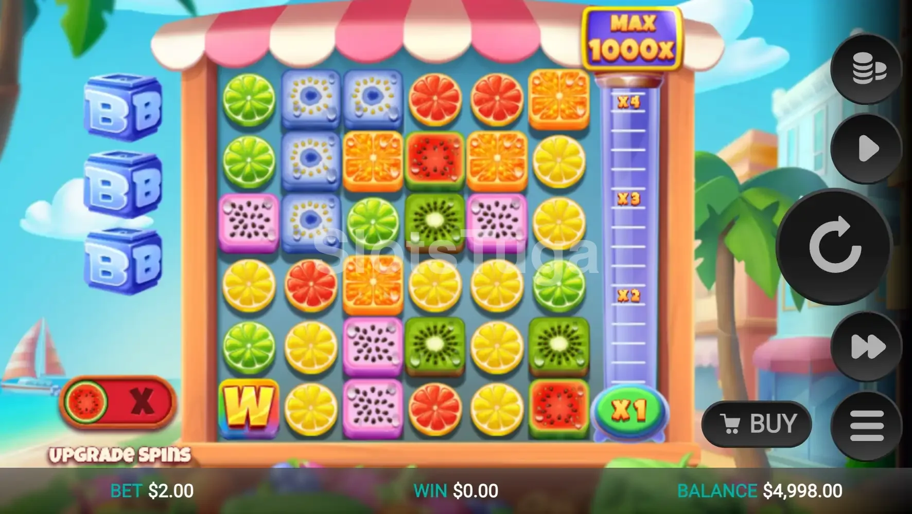 Tela principal da slot Jumbo Juicy com grade 6x6 colorida
