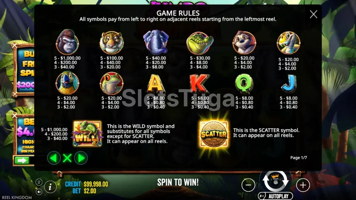 Tabela de pagamentos da slot Jumbo Safari mostrando os símbolos e prêmios