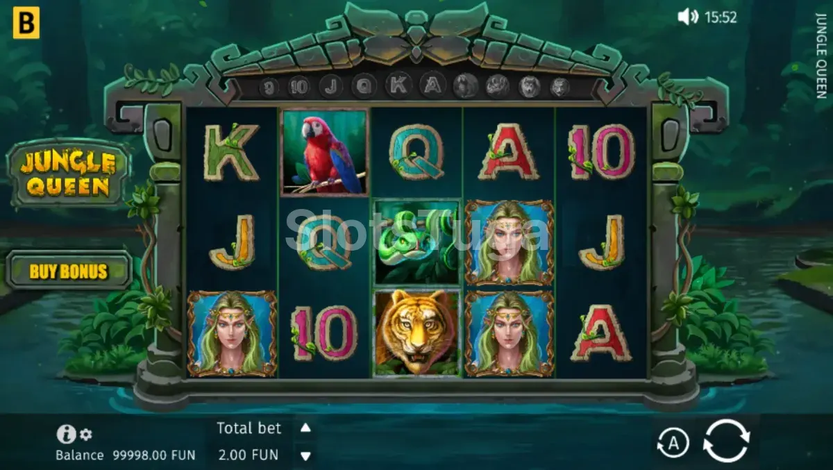 Jogo base da Jungle Queen com rolos em ação na selva