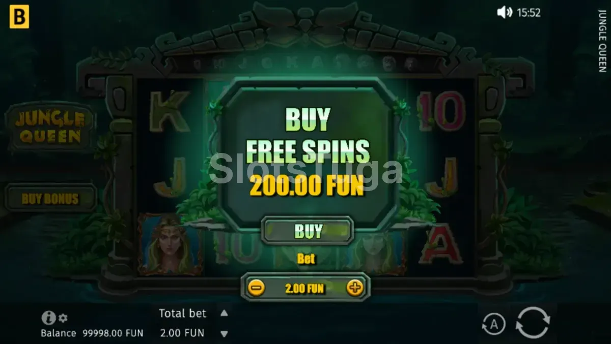 Tela de compra de bônus na Jungle Queen com opções disponíveis