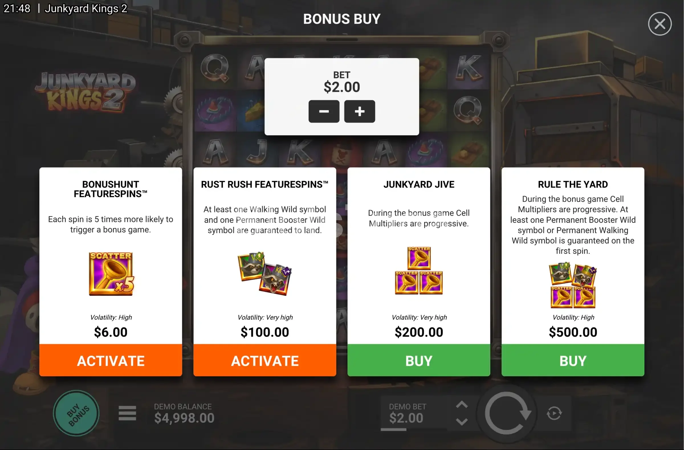 Tela de compra de bônus do Junkyard Kings 2 com opções disponíveis