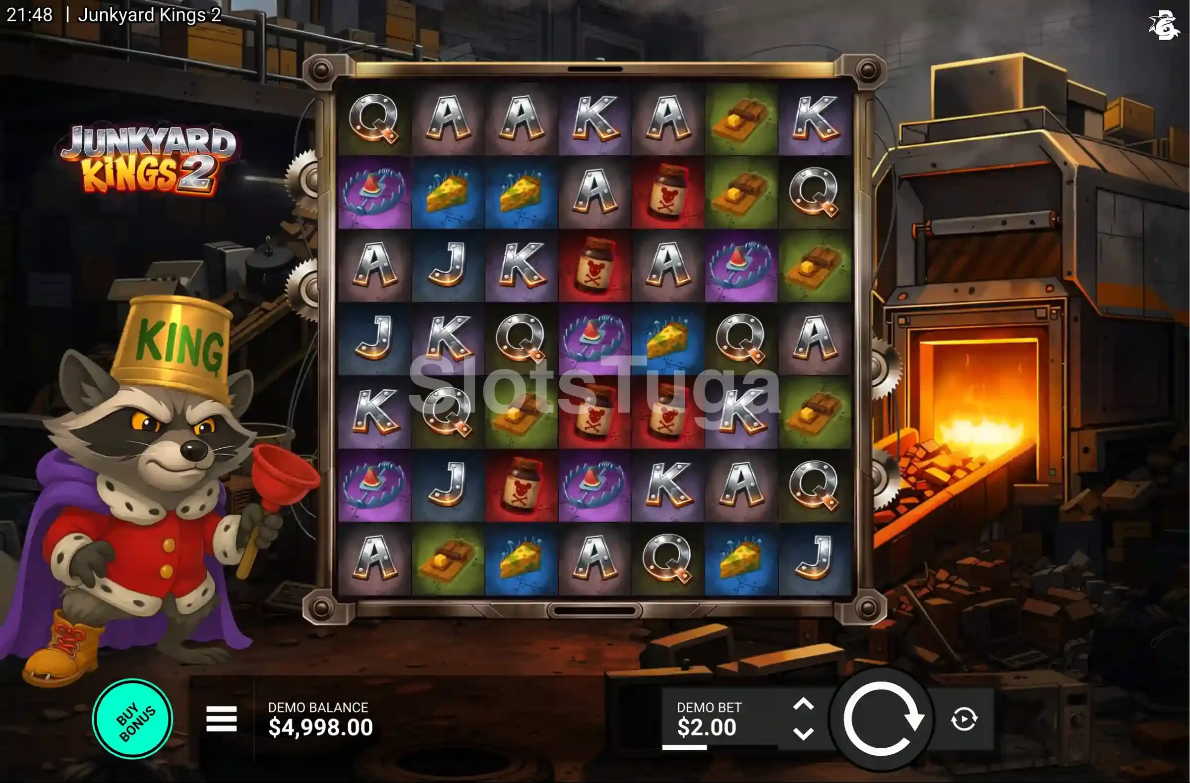 Jogo base do Junkyard Kings 2 com grade 7x7 repleta de símbolos