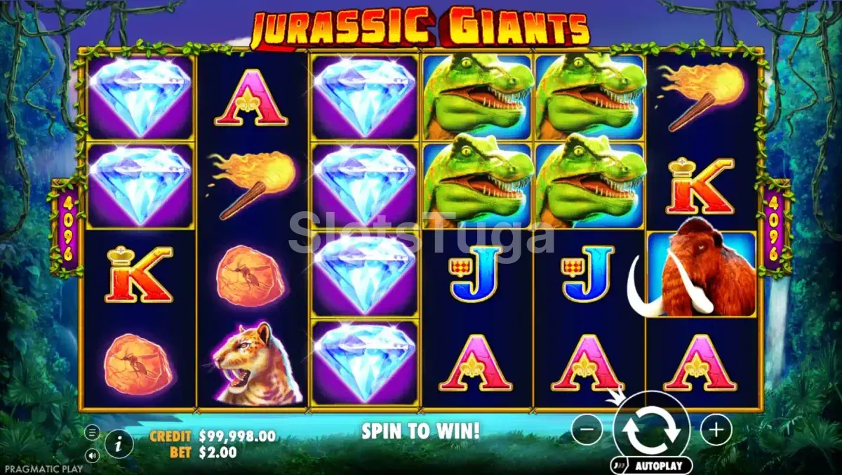Tela principal do slot Jurassic Giants com os rouleaux em exibição