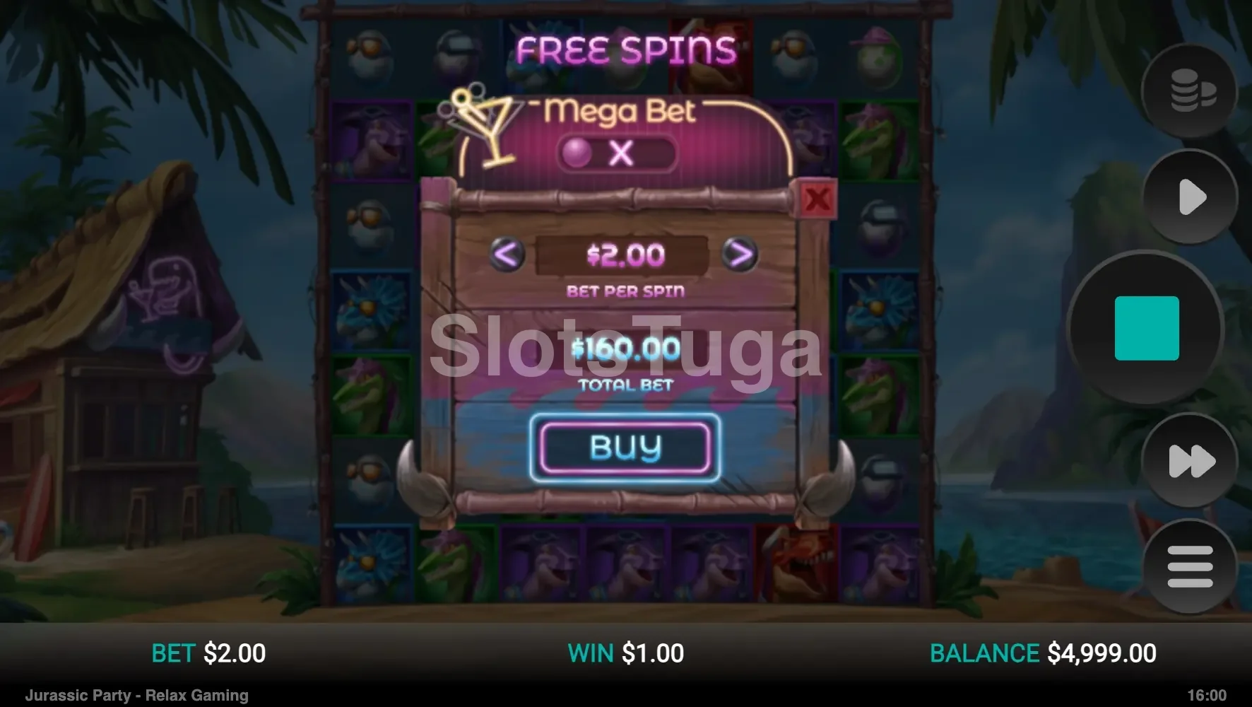 Tela de compra de bônus da Jurassic Party com opções de Bonus Buy