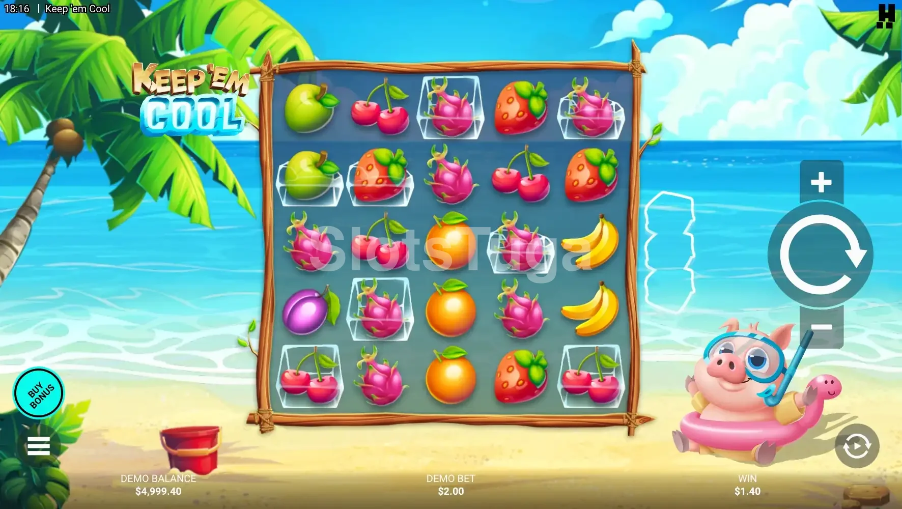 Jogo base da slot Keep 'Em Cool com grid de frutas coloridas
