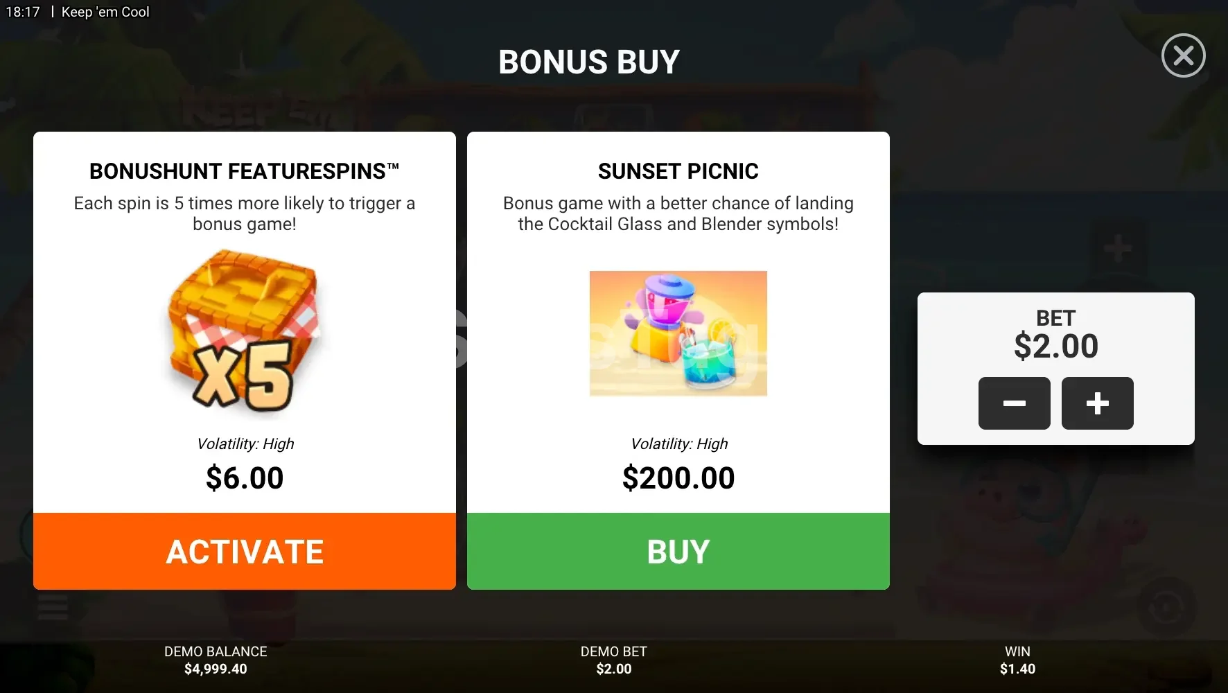 Menu de compra de bônus da slot Keep 'Em Cool com duas opções disponíveis