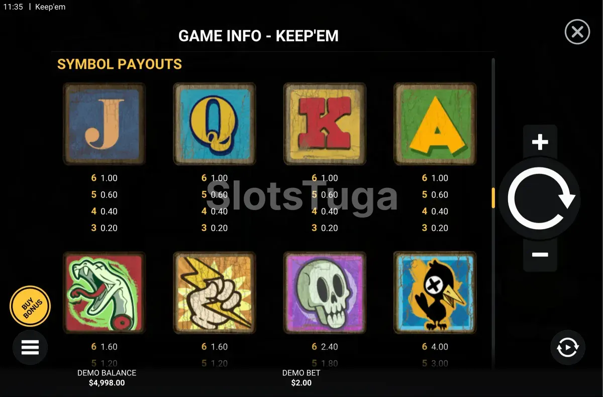 Tabela de pagamentos da slot Keep 'Em com todos os símbolos