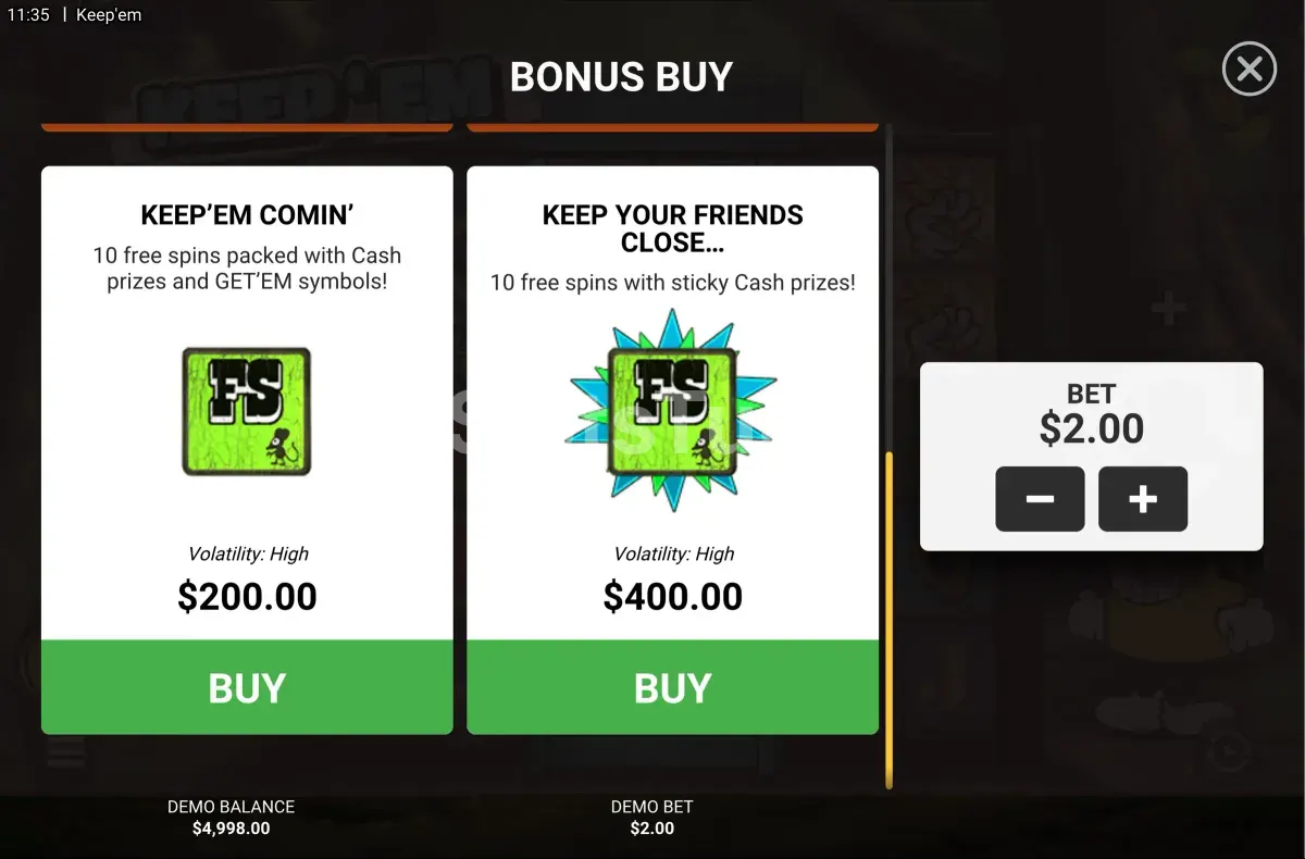 Tela de compra de bônus da slot Keep 'Em