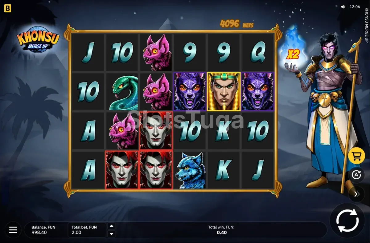 Jogo base de Khonsu Merge Up com grelha de 6 rolos e 4 filas