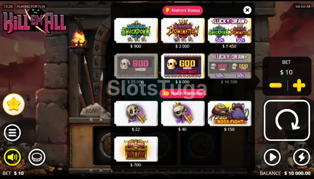 Tela de compra de bônus do Kill Em All com as opções disponíveis