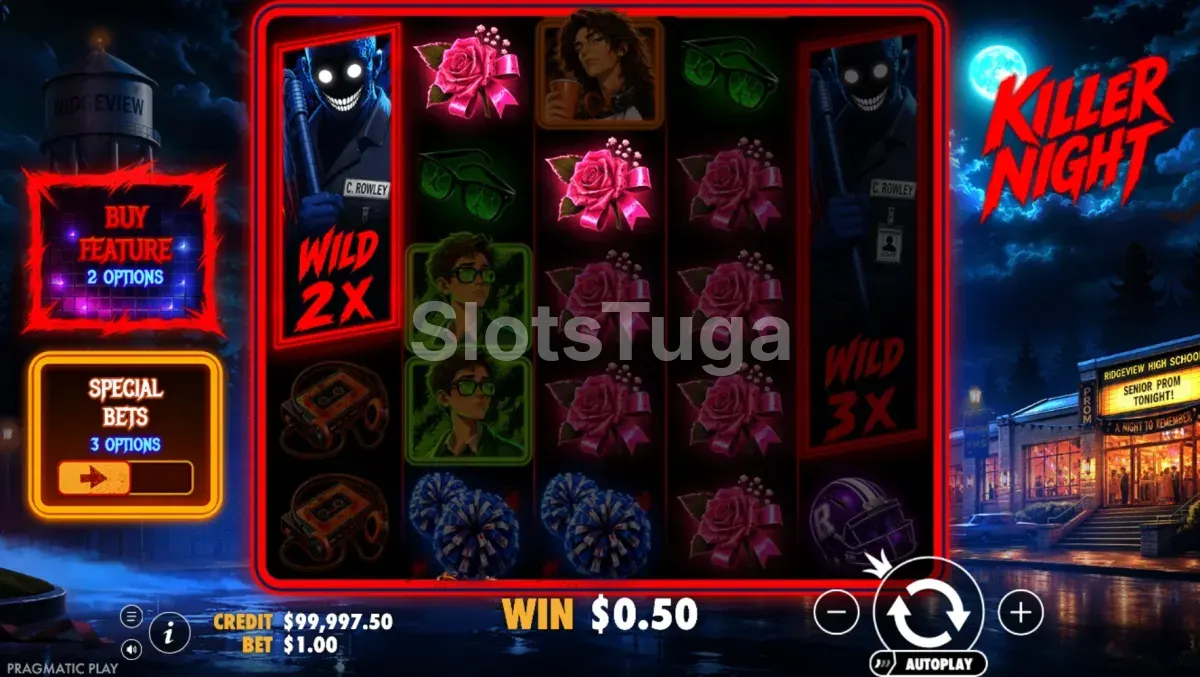 Jogo base de Killer Night com a grelha 5x5 e o liceu ao fundo