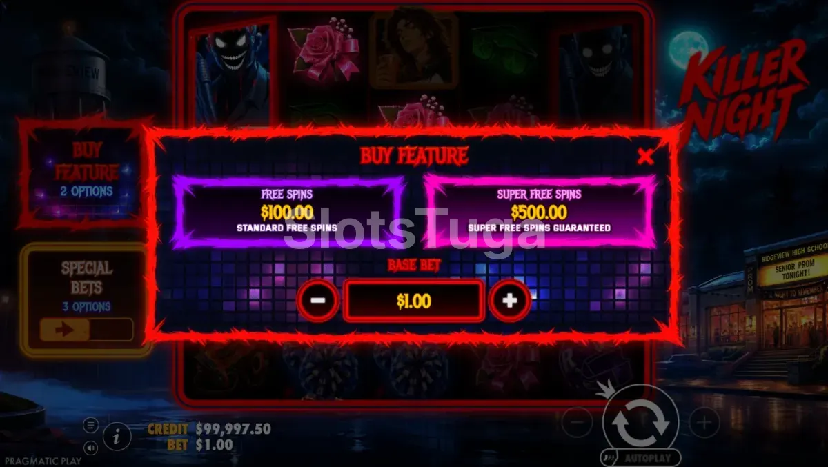 Menu de compra de bónus de Killer Night com as opções de rodadas grátis