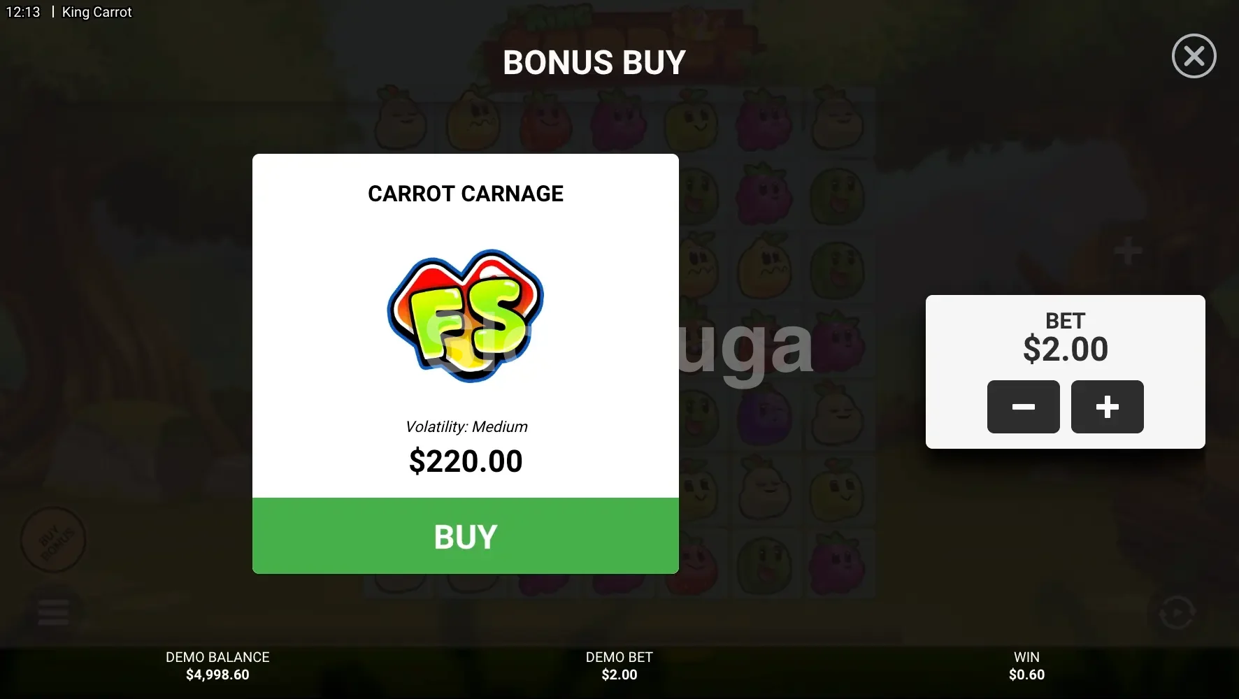 Tela de compra de bônus no King Carrot