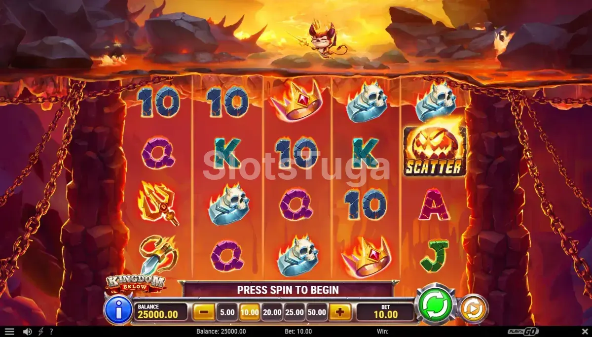 Jogo base da slot Kingdom Below com rolos iluminados no submundo