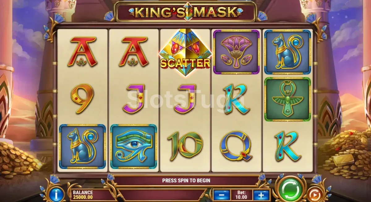 Jogo base da King's Mask com todos os símbolos visíveis nos rolos