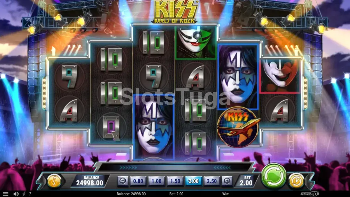 Tela principal do jogo Kiss Reels of Rock com os rouleaux em destaque
