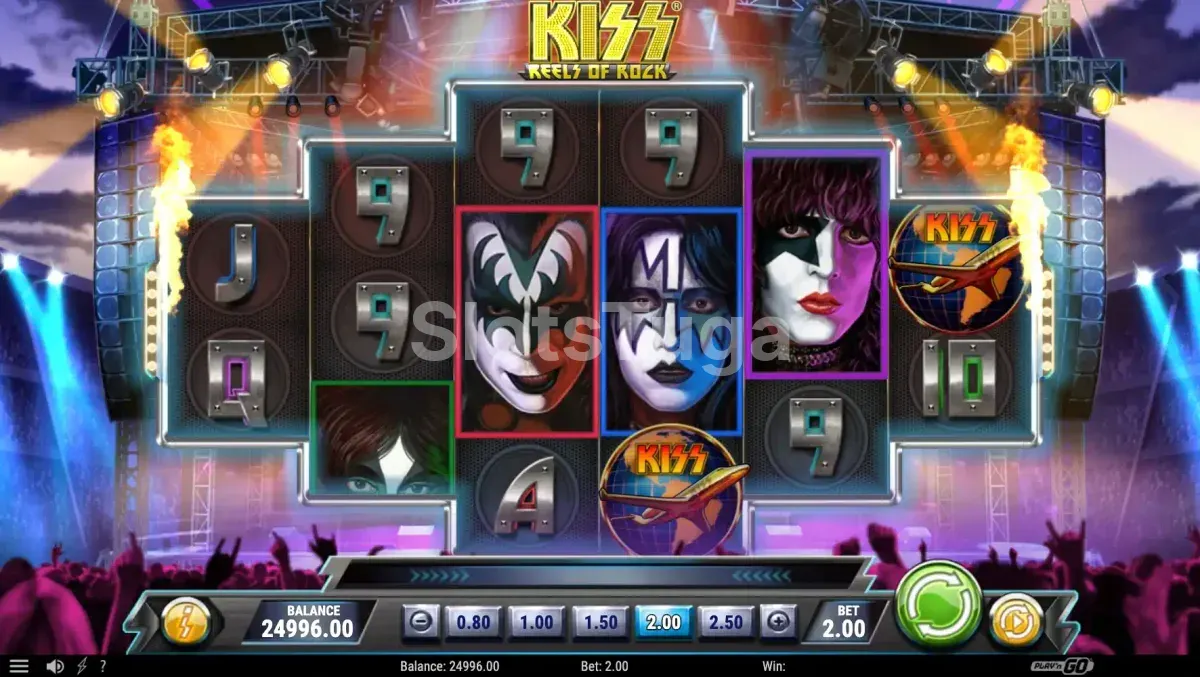 Segunda visão do jogo base da Kiss Reels of Rock com efeitos visuais ativos