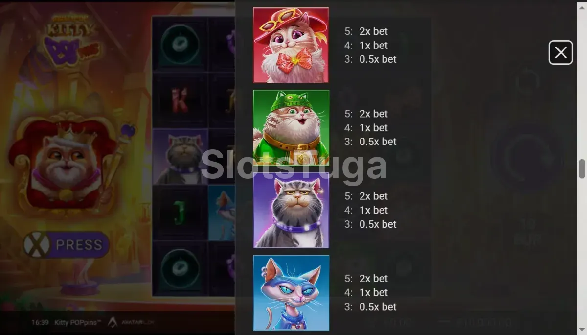 Tabela de pagamentos da slot Kitty POPpins mostrando valores dos símbolos