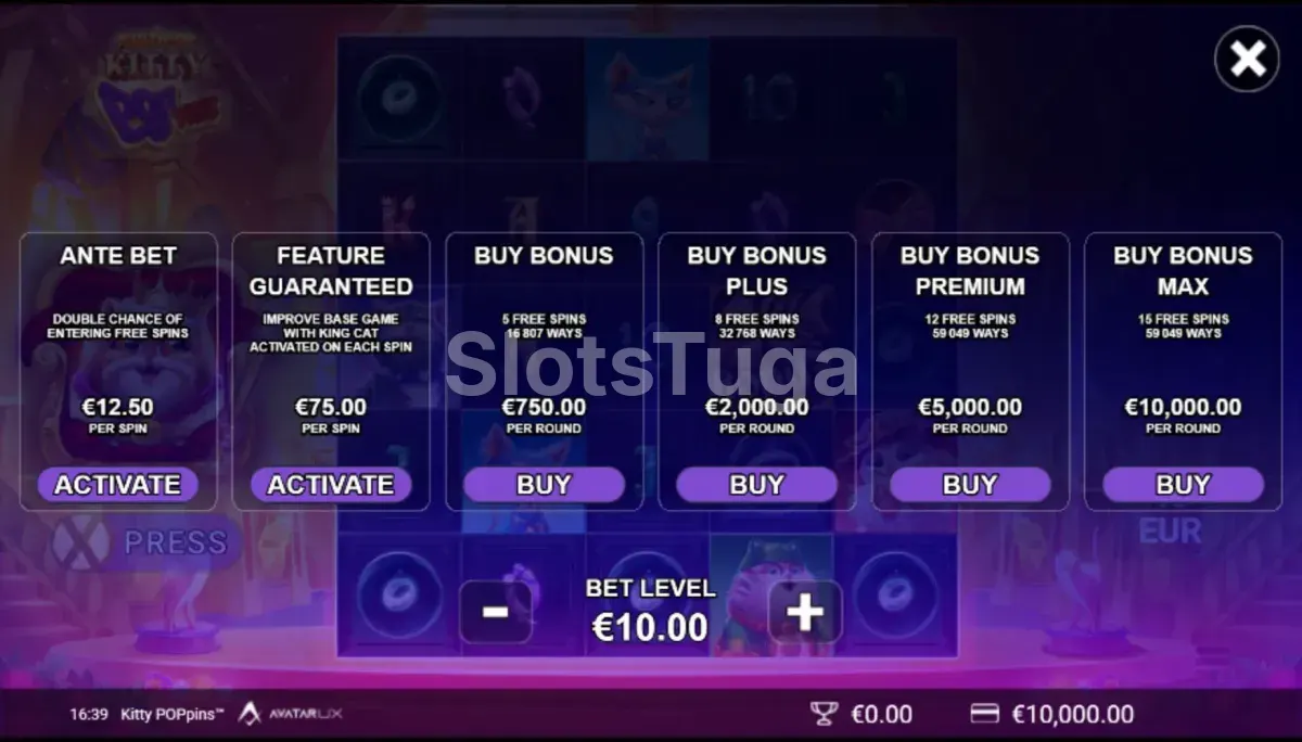 Tela de compra de bônus da Kitty POPpins com opções disponíveis