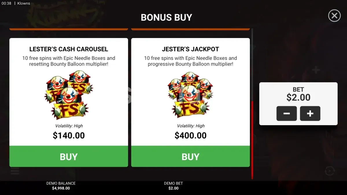 Área de compra de bônus da slot Klowns - quatro opções disponíveis
