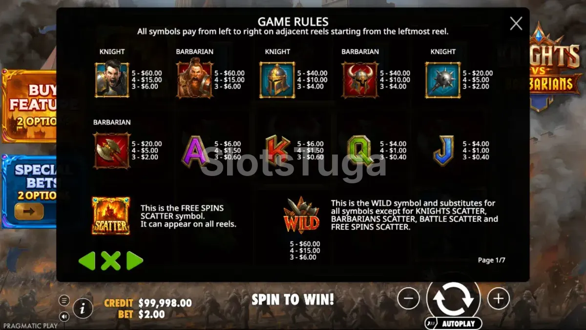 Tabela de pagamentos completa da slot Knights vs Barbarians